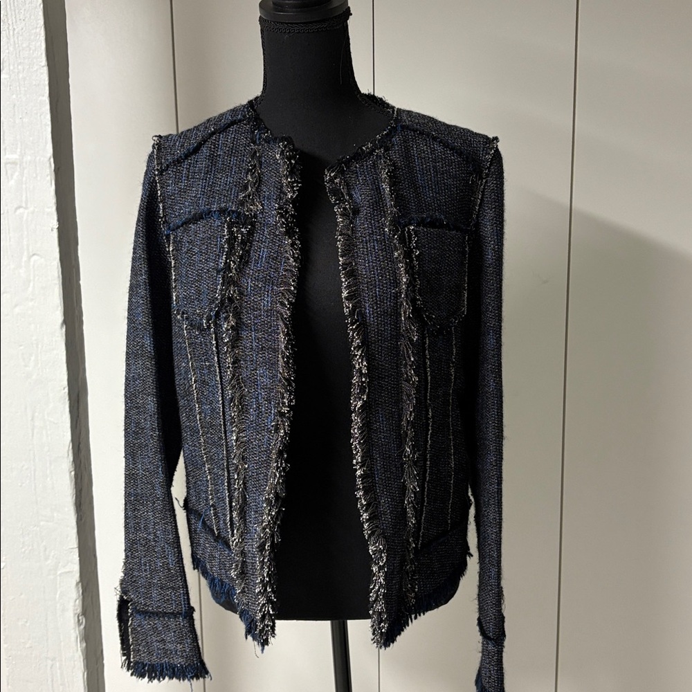Elie Tahari Navy Tweed Jacket with Fringe